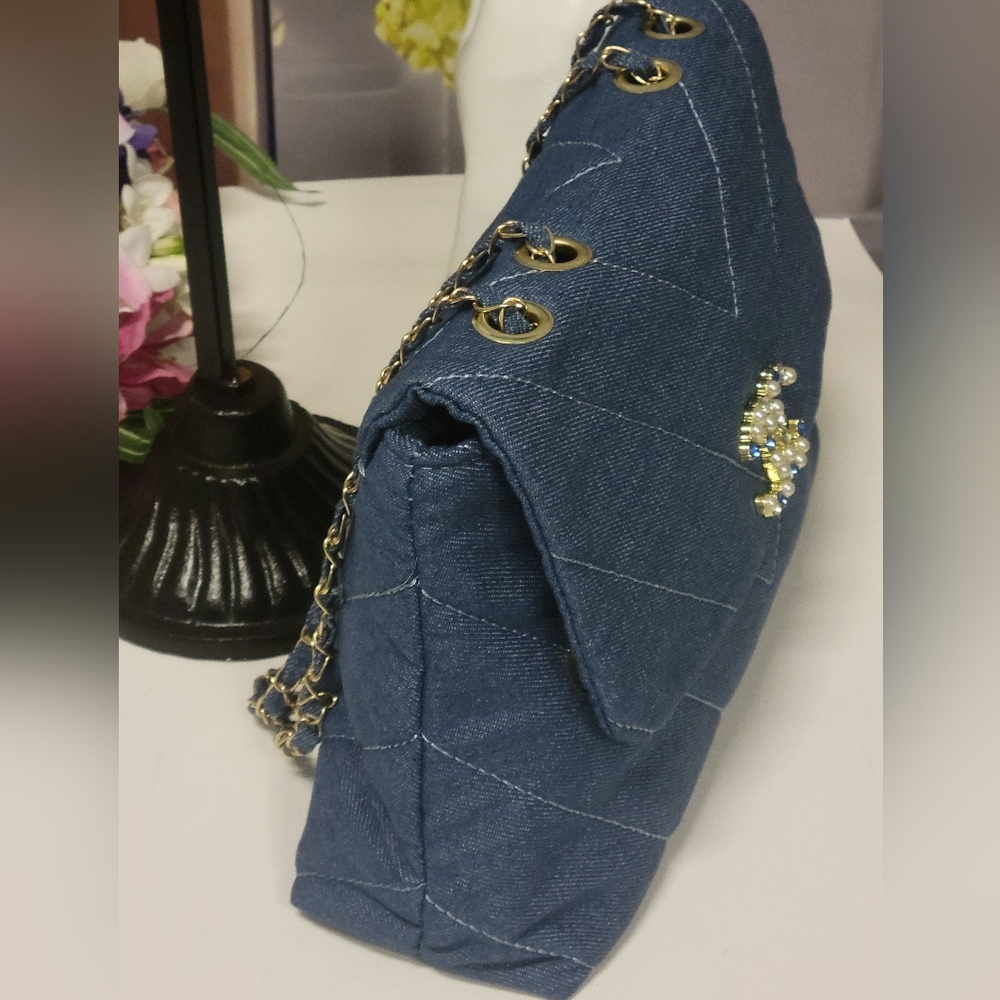 Quilted Denim 2 Way Shoulder/crossbody Bag, New - Picture 4 of 9